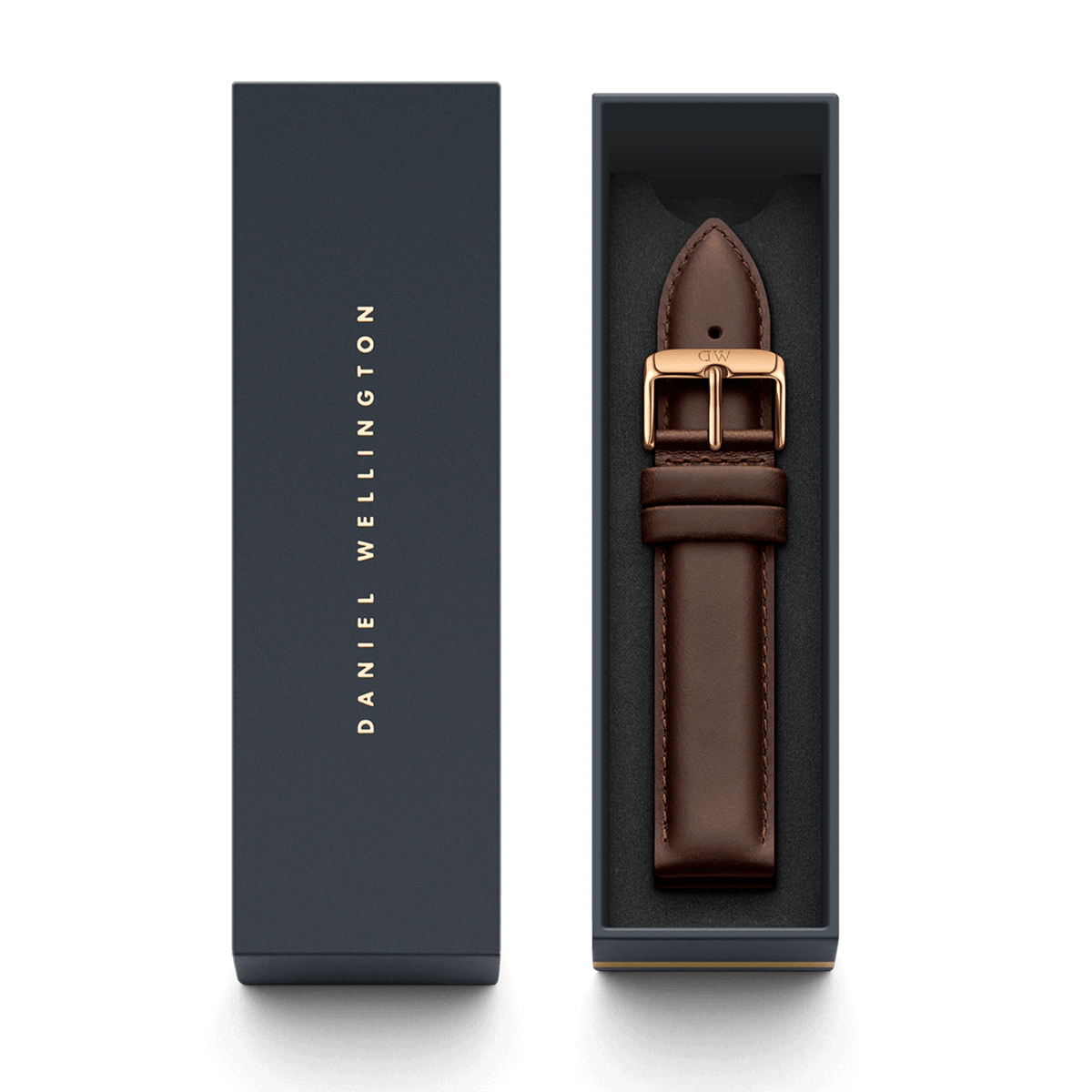 Bristol Strap Rose Gold presented in a Daniel Wellington gift box, featuring a brown genuine leather watch strap with a polished rose gold buckle for a refined and elegant upgrade.