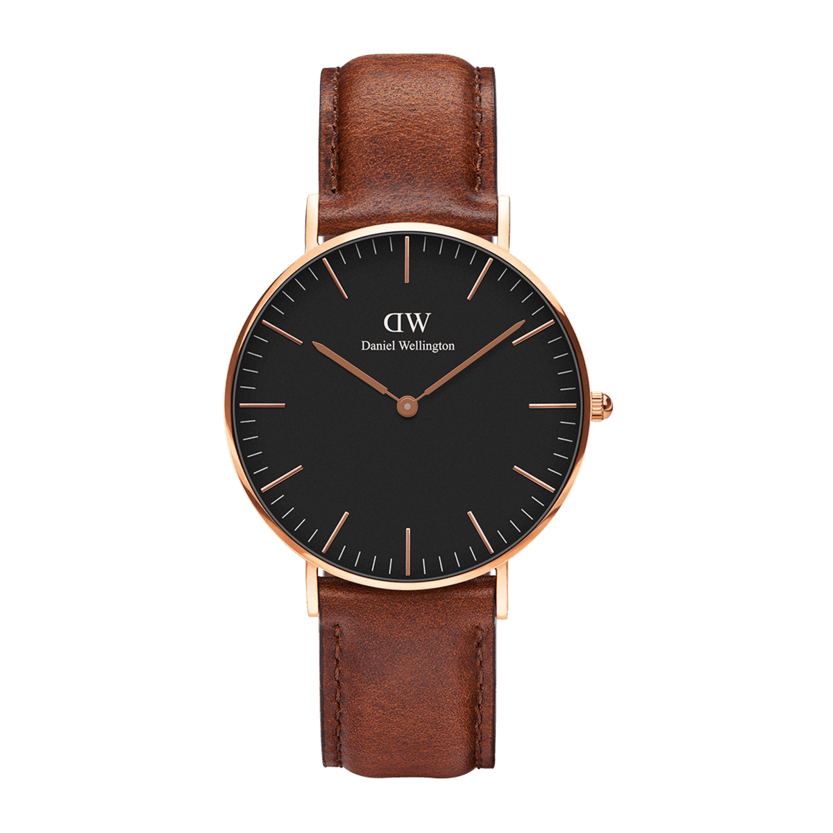 Classic St Mawes Black Rose Gold watch featuring a minimalist black dial with rose gold markers and hands, set in a polished rose gold case and paired with a brown leather strap.