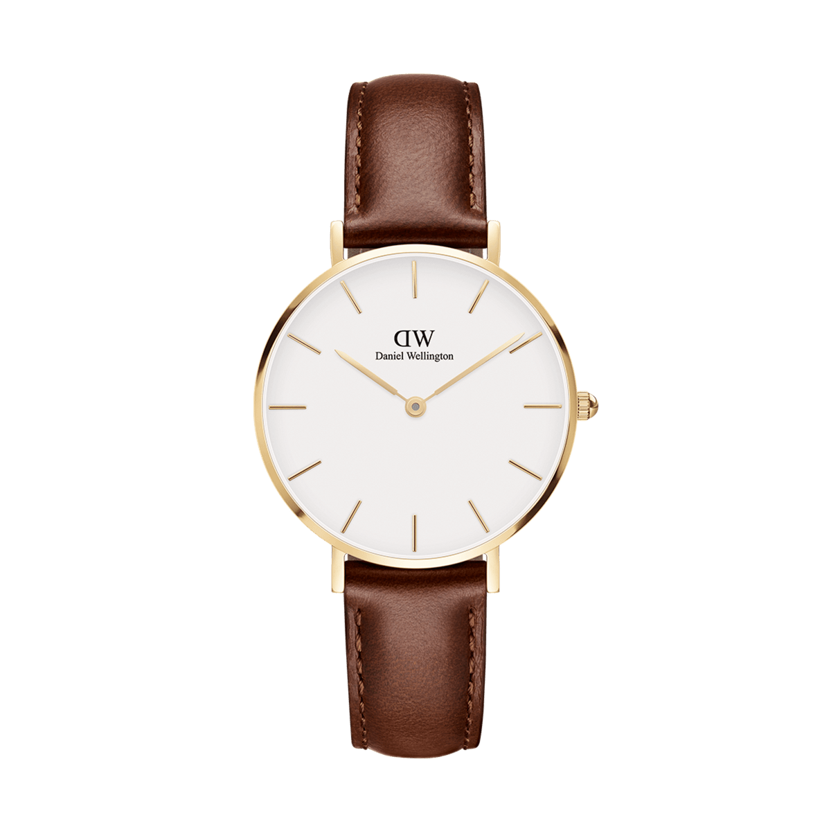 Petite St Mawes Gold features a minimalist white dial, slim gold-plated case, and a rich brown leather strap, offering a refined and comfortable gold watch option for women.