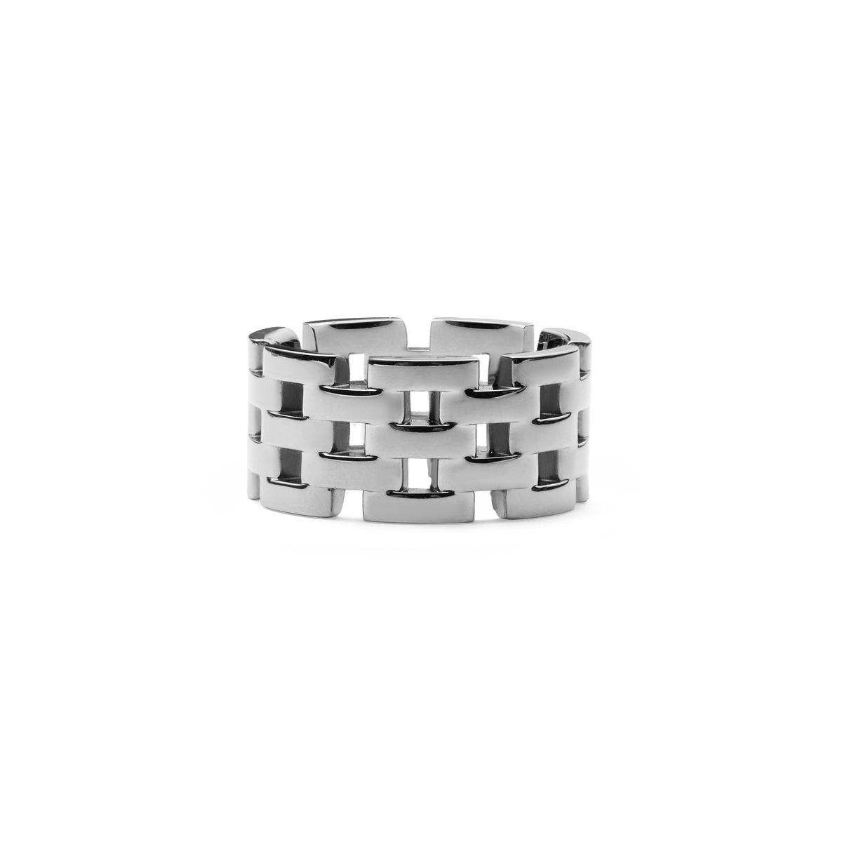 The 5-Link Ring Silver features a wide band with a contemporary geometric link design and a polished stainless steel finish, offering a bold and modern style.