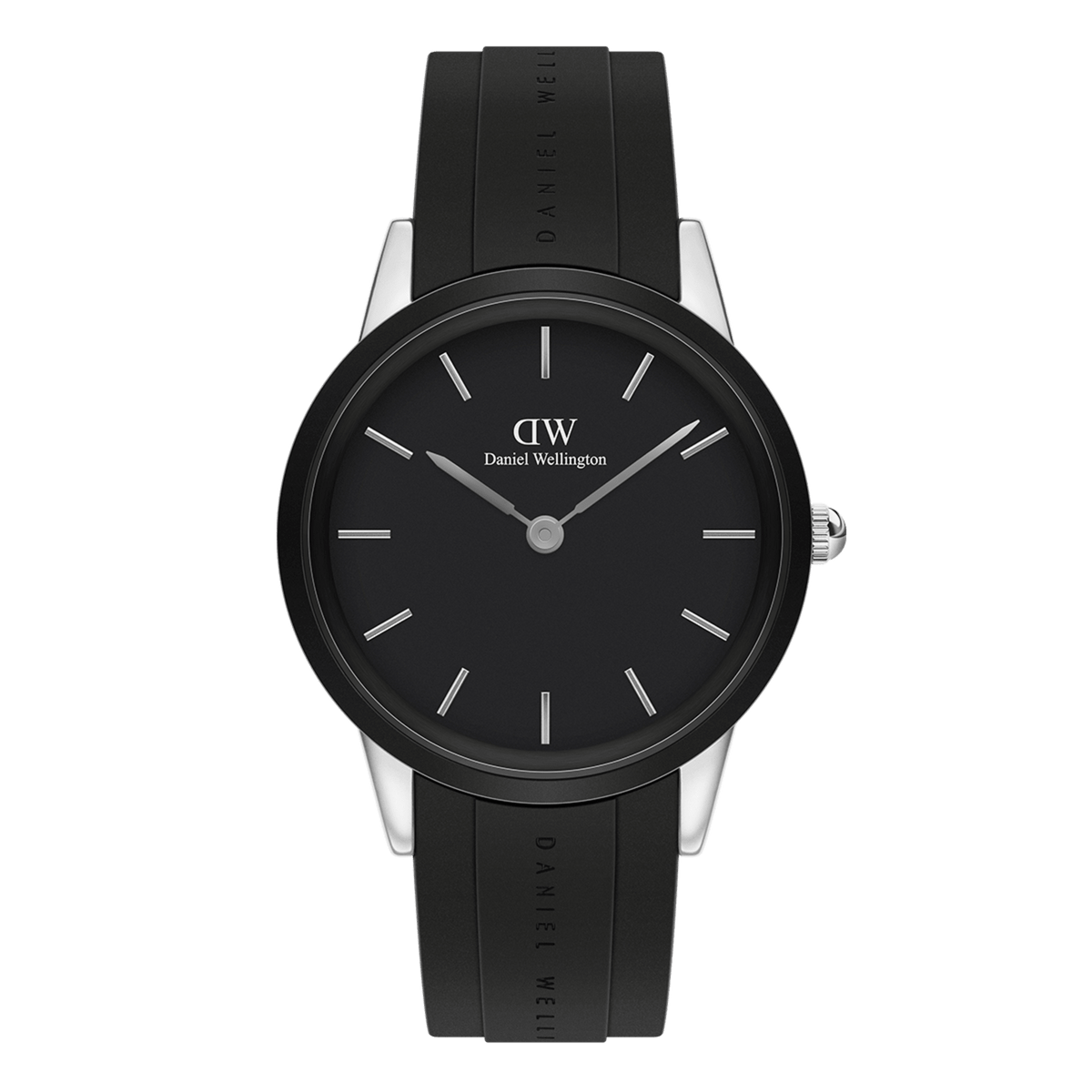 Daniel Wellington Iconic Motion Silver men's watch with a minimalist black dial, silver stainless steel case, and a sleek black FKM rubber strap, suitable for both professional and casual wear.