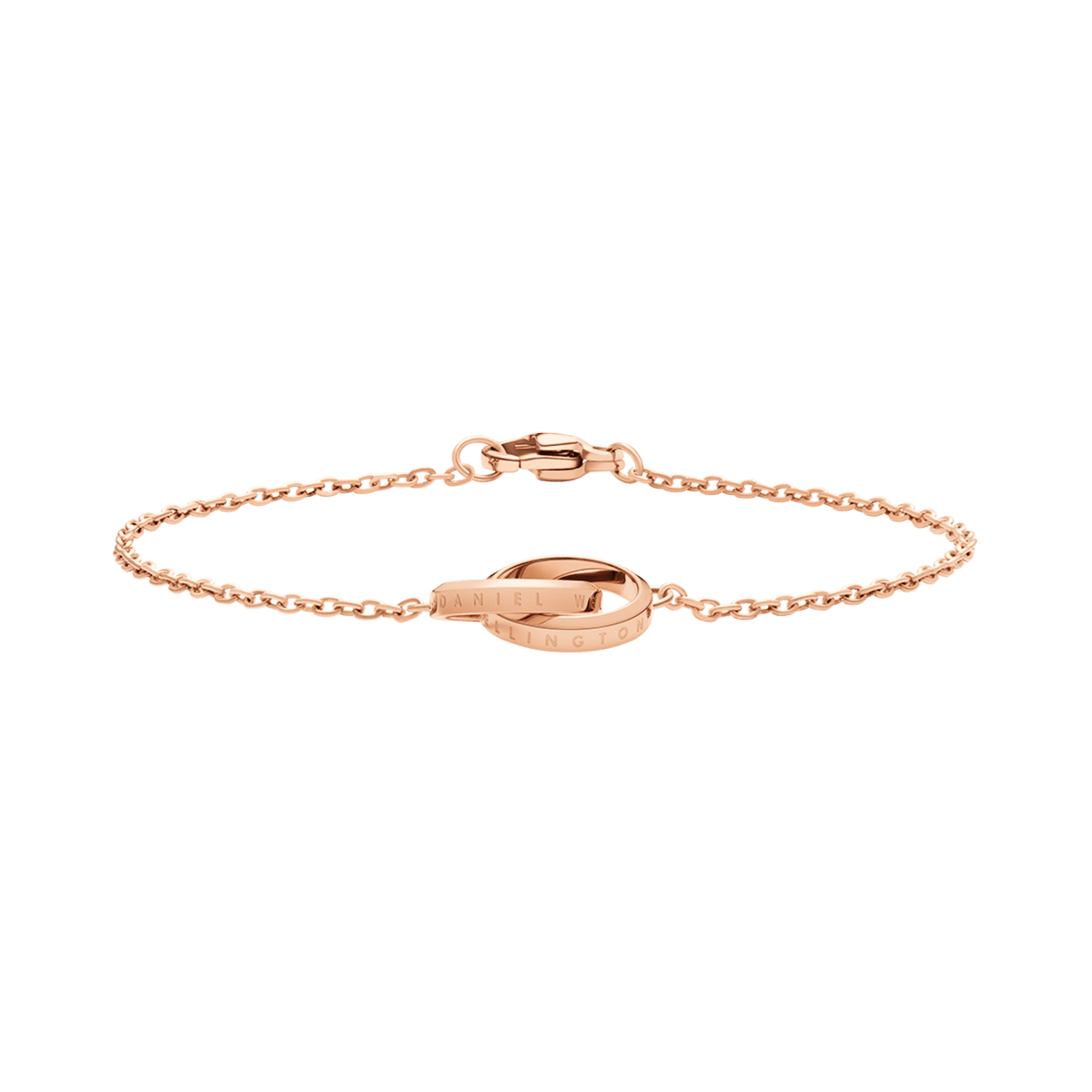 Elan Unity Bracelet Rose Gold with two interlocking rings on a slim rose gold chain, featuring a polished finish and secure clasp for comfortable everyday wear.