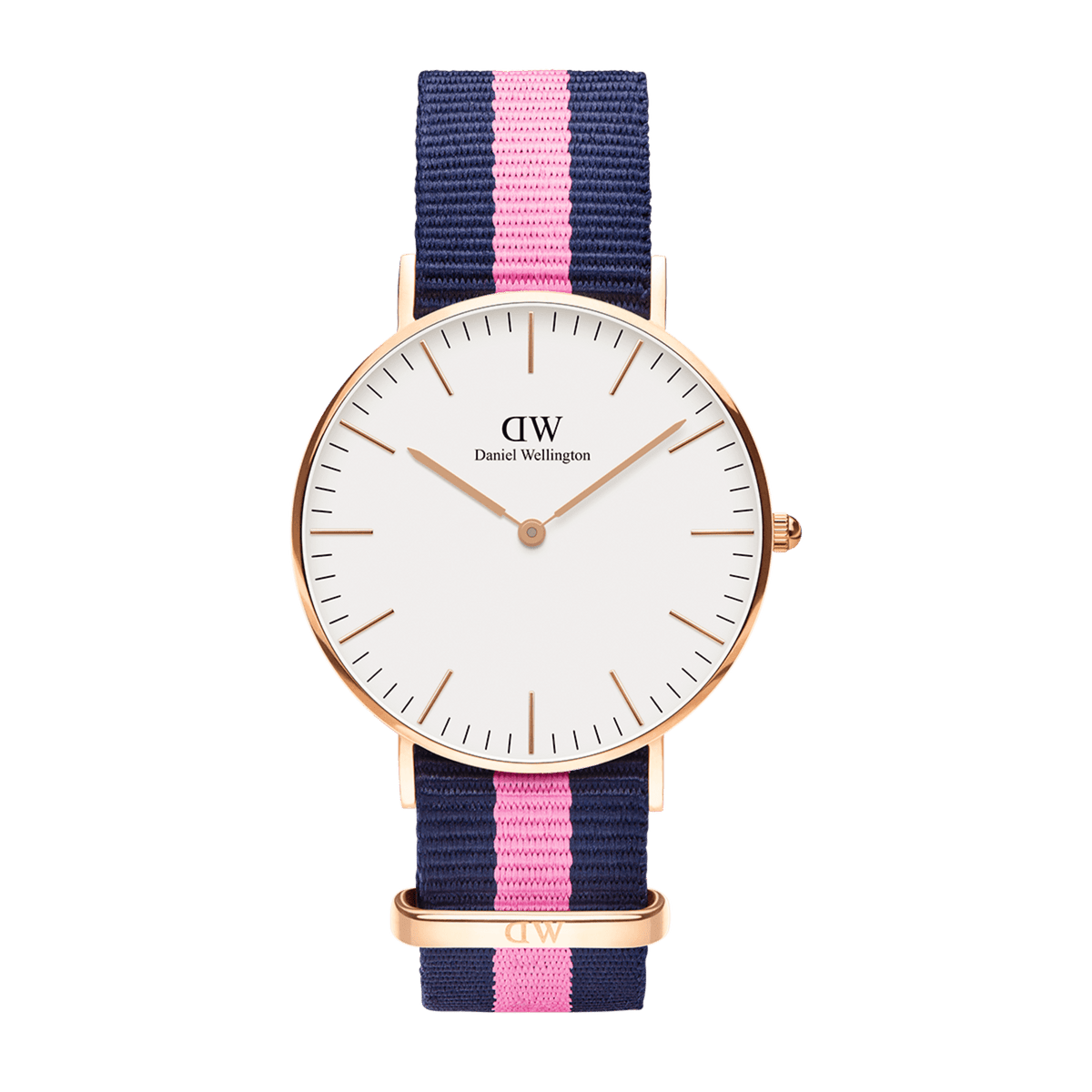 Classic Winchester Rose Gold women’s watch with a rose gold case, minimalist white dial, and a navy and pink NATO fabric strap, designed for everyday versatility and comfort.