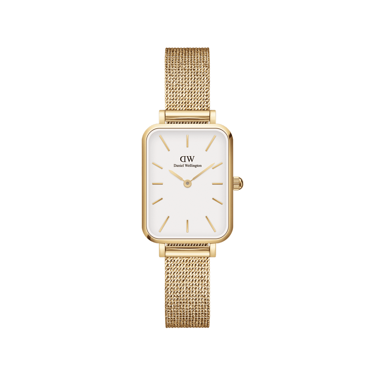 Quadro Pressed Evergold Gold watch featuring a rectangular gold case, crisp white dial with gold markers, and a slim gold mesh bracelet, designed for women seeking a refined and versatile accessory.