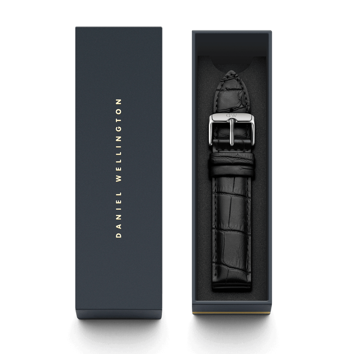 Reading Strap Silver leather watch strap in black with a croc-embossed finish and polished silver buckle, presented in a Daniel Wellington branded gift box.