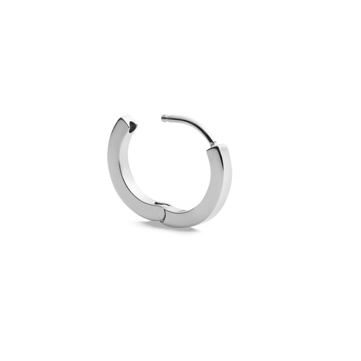 Hoop Earring Silver featuring a bright polished stainless steel finish, shown with its secure clasp open to highlight its refined and contemporary design.