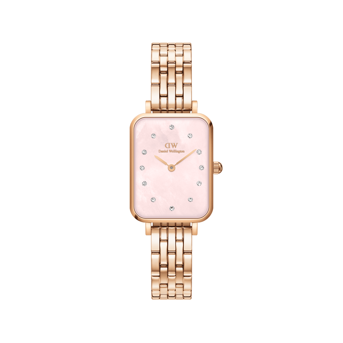 Quadro Lumine 5 Link Melrose Pink MoP Rose Gold ladies watch with a rectangular pink mother of pearl dial, crystal hour markers, and a rose gold five-link stainless steel bracelet.