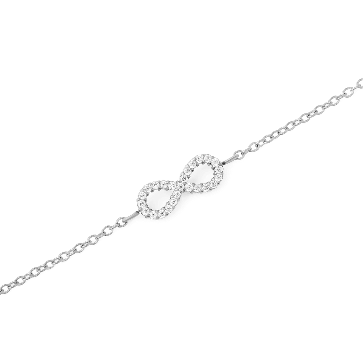 Close-up of the Mirelle Infinity Bracelet Silver showcasing the sparkling infinity symbol set with white cubic zirconia crystals on a fine stainless steel chain.