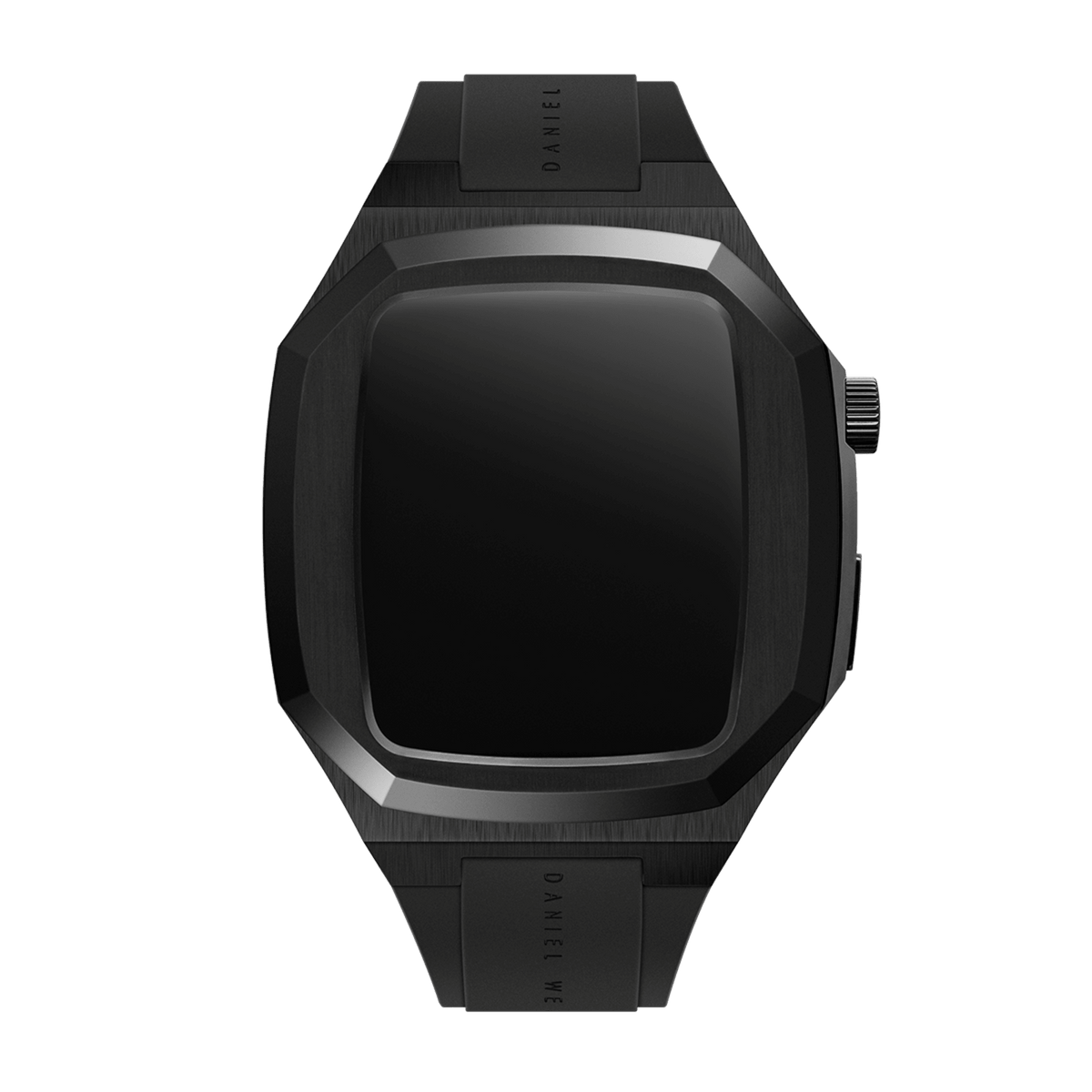 Switch Black Black Apple Watch case in brushed stainless steel with a matte black finish, featuring geometric contours, an integrated FKM rubber strap, and a minimalist design for Series 6, 5, 4, and SE models.