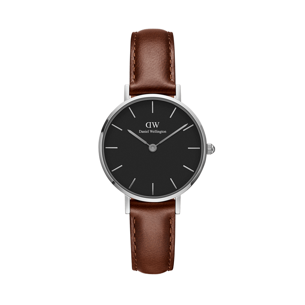 Petite St Mawes Black Silver ladies watch featuring a minimalist black dial, slim brown genuine leather strap, and polished silver case, ideal for petite wrists and everyday wear.