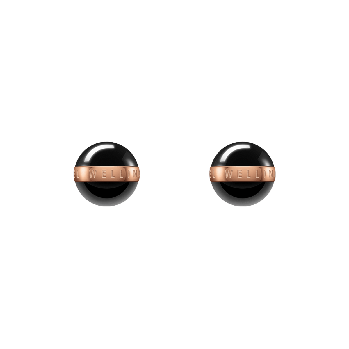 Aspiration Earrings Rose Gold Black feature polished black ceramic spheres with a rose gold plated band engraved with branding, showcasing a minimalist stud design ideal for everyday wear.