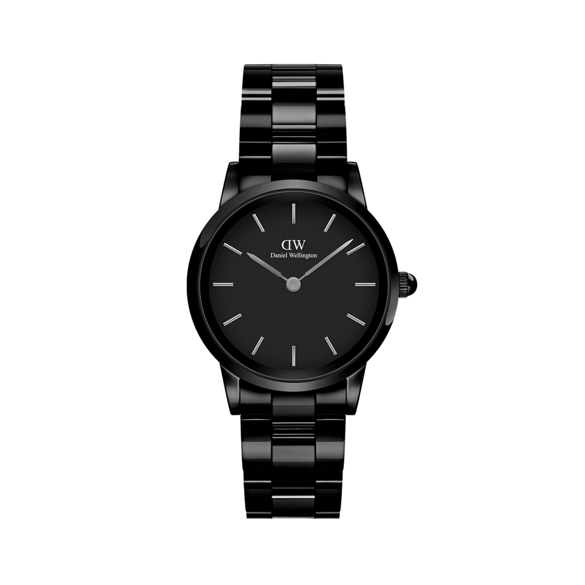 Iconic Link Ceramic watch with a polished black ceramic bracelet, minimalist black dial, and silver-tone hour markers, offering a refined and modern style for women.