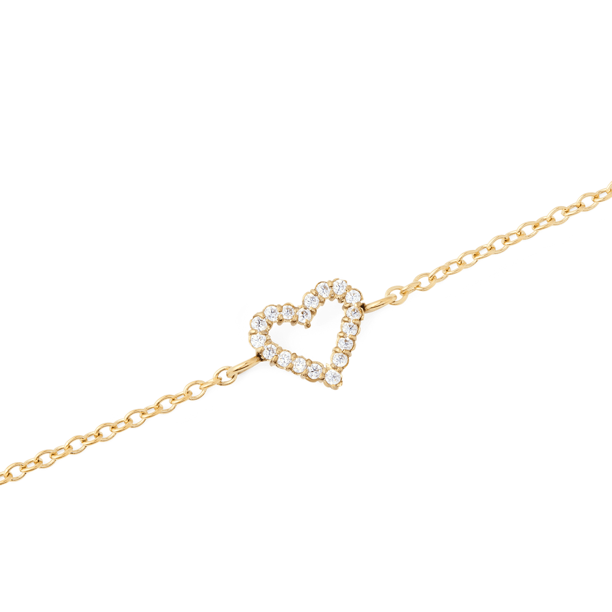 Close-up of the Mirelle Heart Bracelet Gold showing the open heart charm set with sparkling cubic zirconia crystals on a slim gold-plated chain, highlighting its delicate and elegant design.