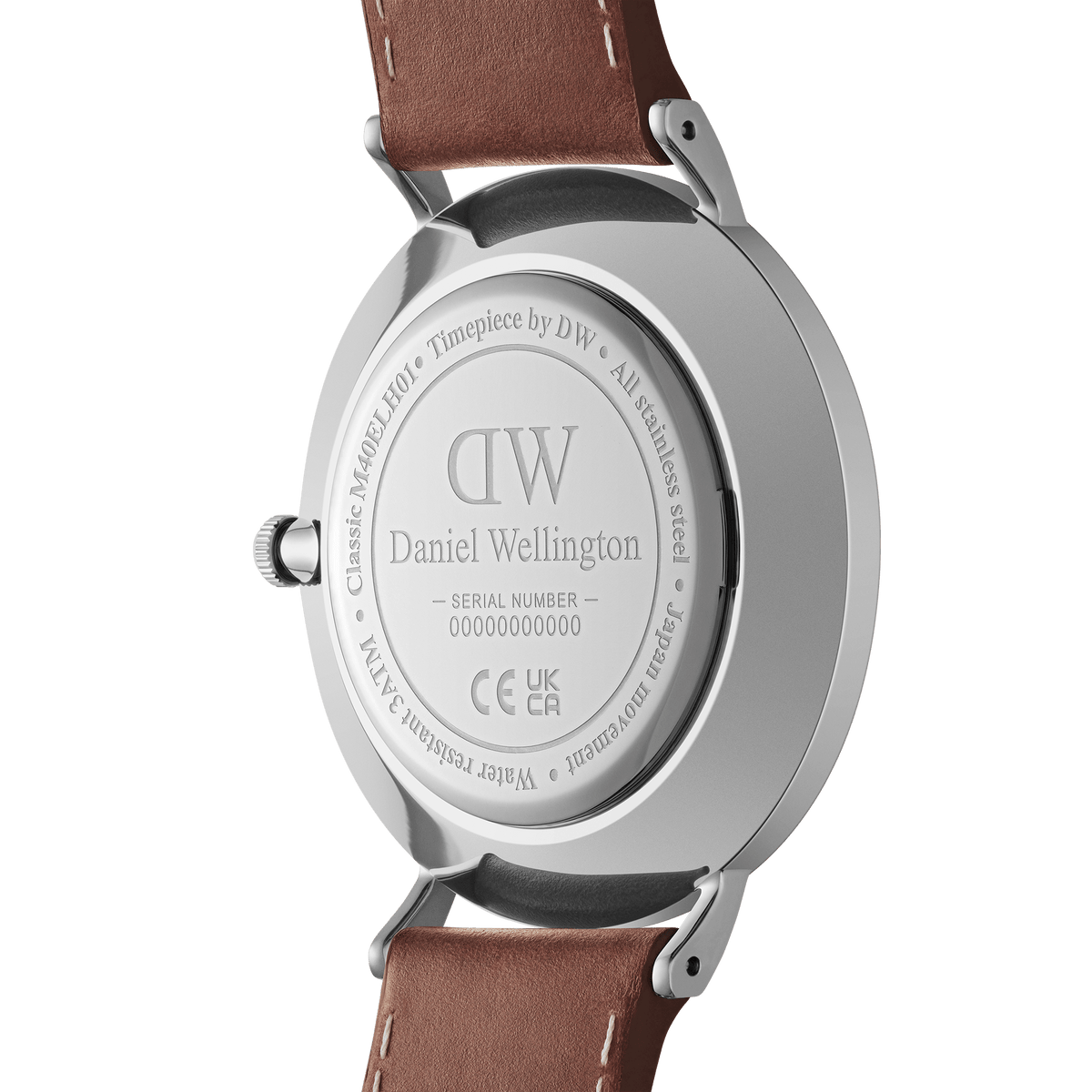 Back view of the Classic Multi-Eye St Mawes Arctic Silver men's watch showing the stainless steel case, engraved branding, and brown genuine leather strap.