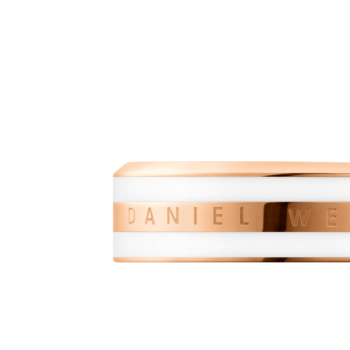 Close-up of the Daniel Wellington Emalie Ring Satin White Rose Gold, highlighting the engraved branding on the polished rose gold band with a satin white enamel finish and minimalist design.