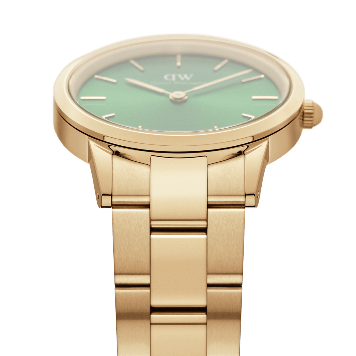 Detail view of the Iconic Link Emerald Gold watch showing its brushed gold stainless steel bracelet and the edge of the emerald green dial with minimalist gold markers.