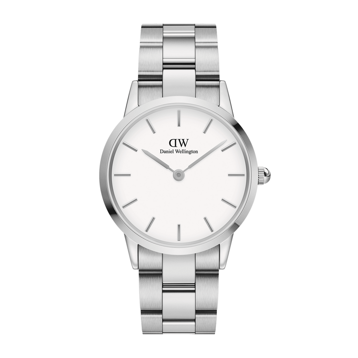 Daniel Wellington Iconic Link Silver watch with a polished stainless steel bracelet, minimalist eggshell white dial, and classic round face, shown against a plain background.