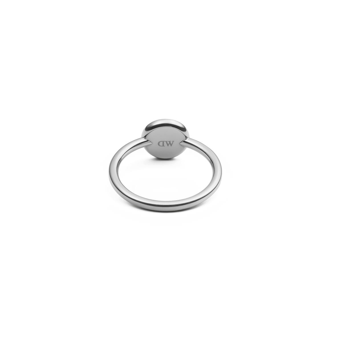 A silver ring with a smooth, polished band and a round setting, viewed from the back to show the engraved branding on the circular base.