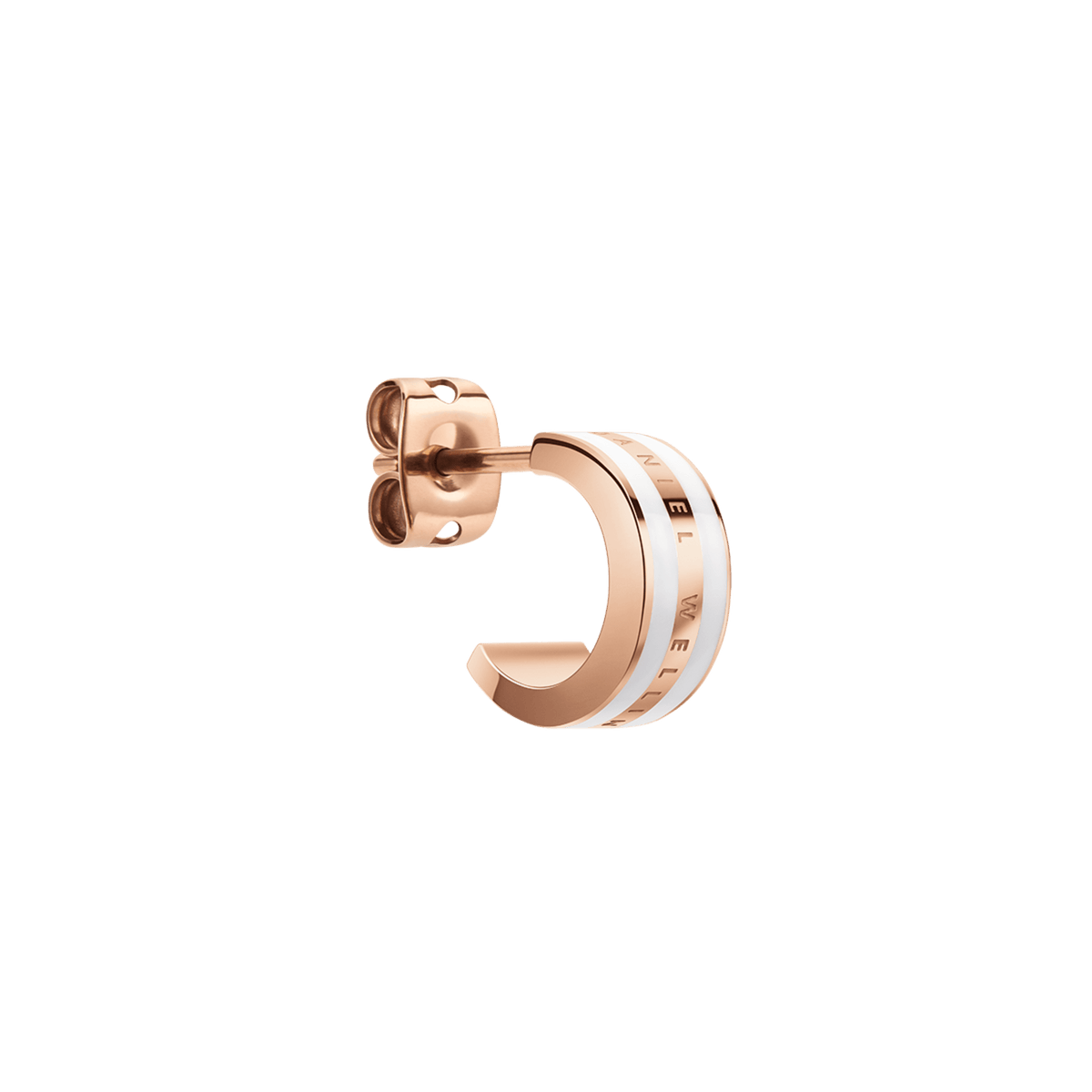 Single Emalie Earring Rose Gold Satin White in a huggie style, featuring a rose gold finish with a satin white enamel stripe and engraved branding, shown from a side angle.