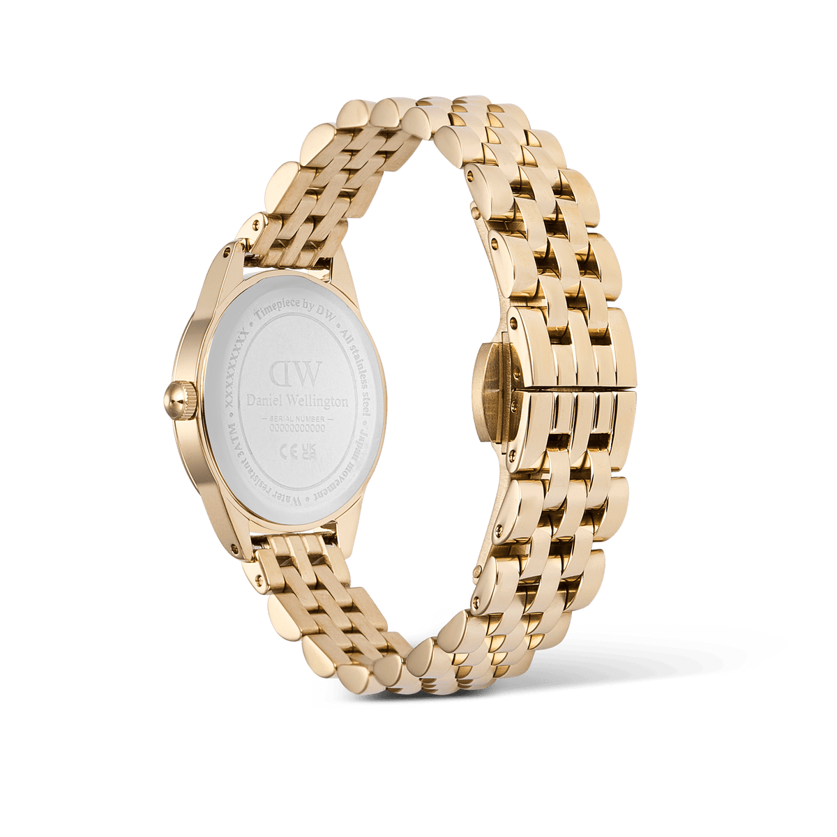 Rear view of the Ophelia Mini Emerald Gold watch showing the stainless steel case back, polished gold beans link bracelet, and butterfly clasp.