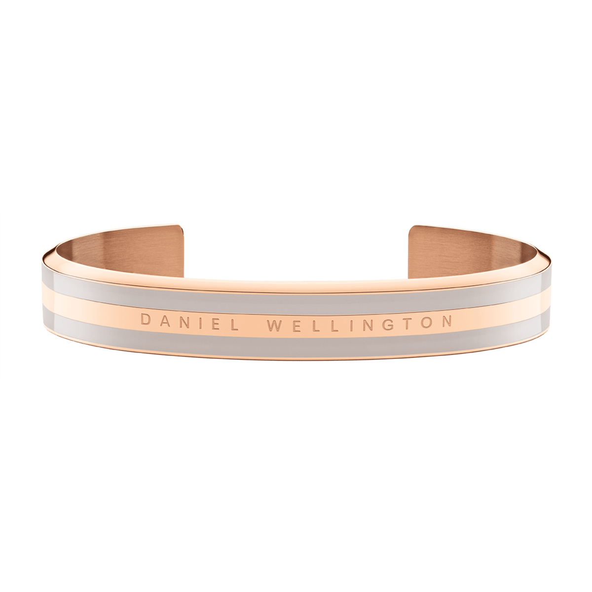 Wide rose gold cuff bracelet with desert sand enamel detailing and Daniel Wellington branding, featuring a smooth, minimalist design suitable for both men and women.