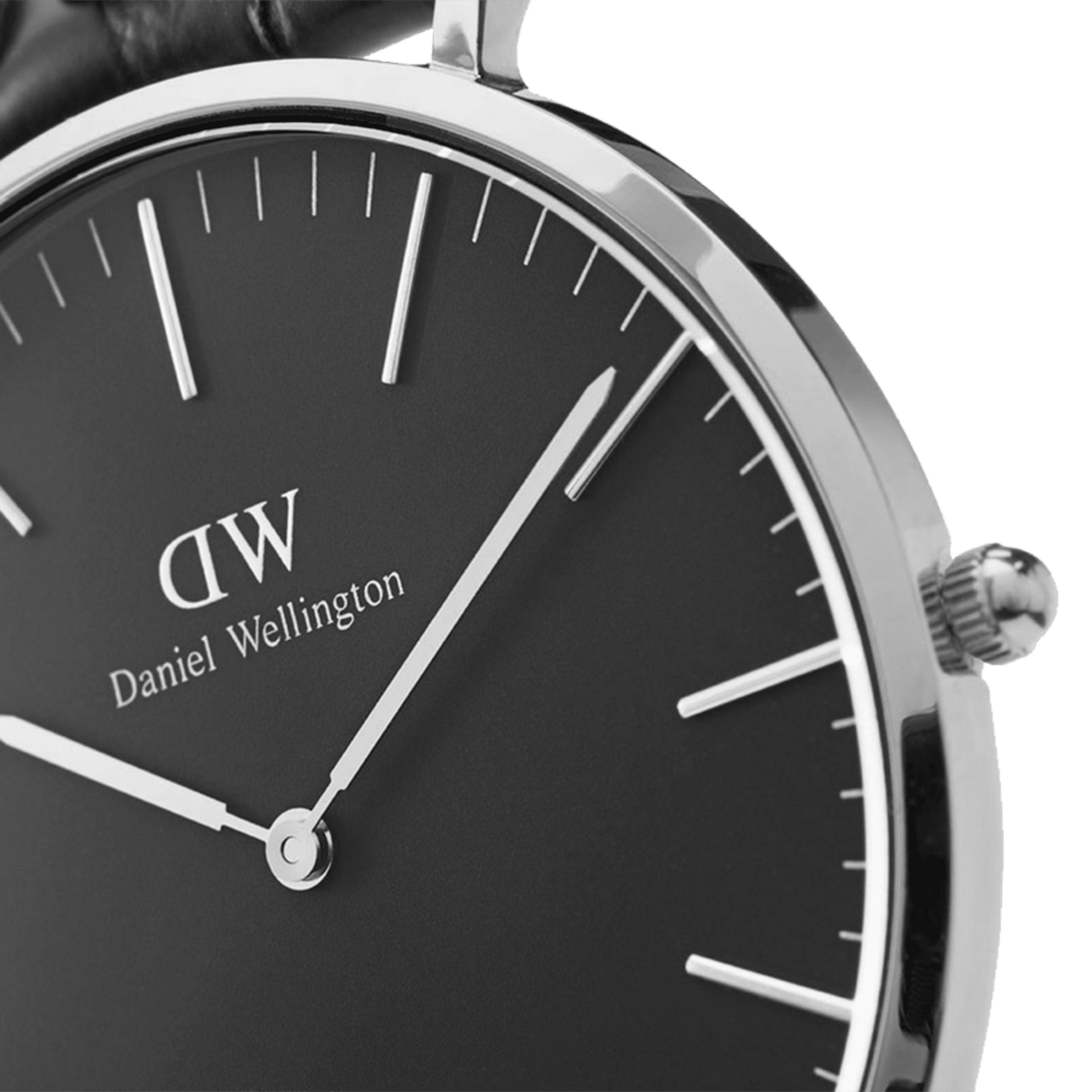 Close-up of the Classic St Mawes Black Silver watch showing the polished silver case, minimalist black dial, and slim silver hands with clear silver hour markers.