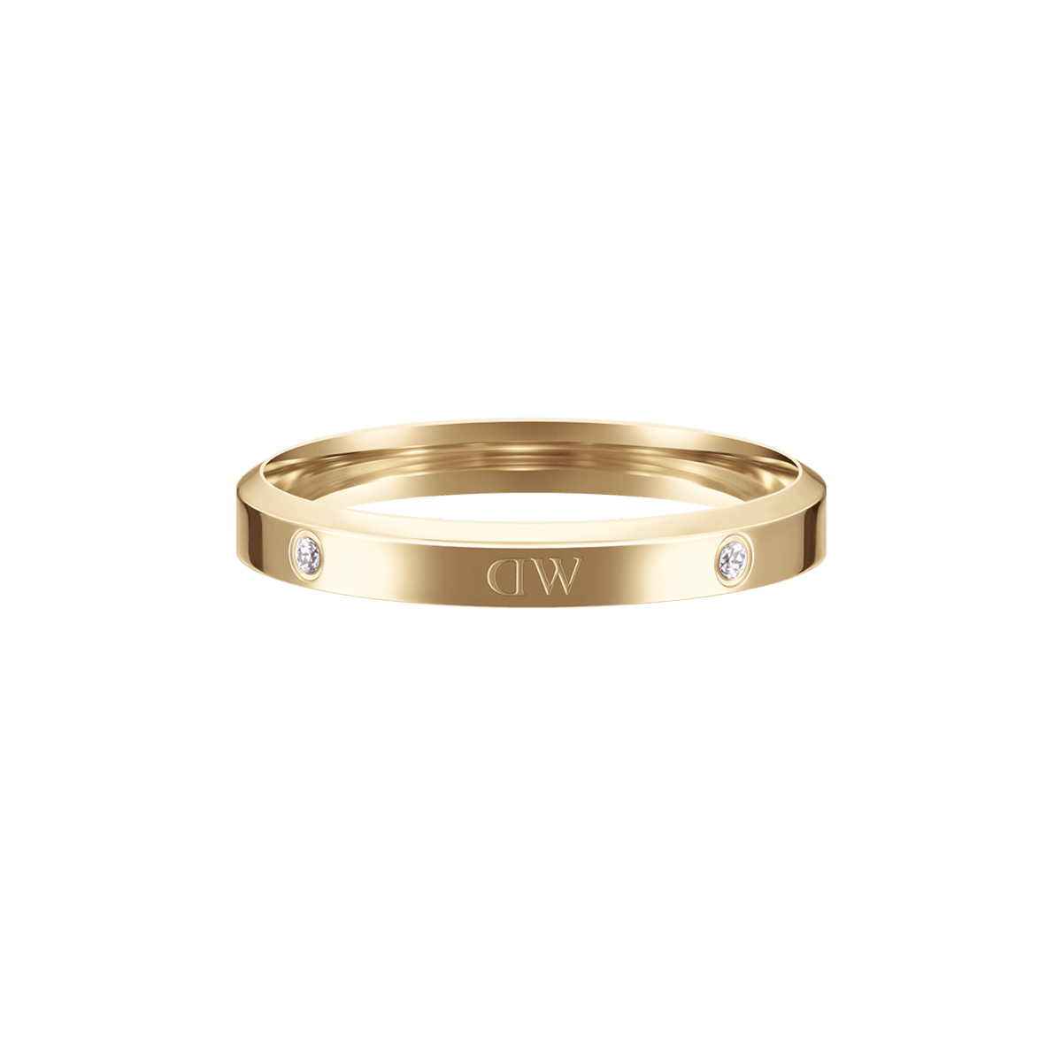 Classic Lumine Ring Gold featuring a slim, polished gold band with sparkling crystal accents and engraved logo detail, designed for stacking or wearing solo.
