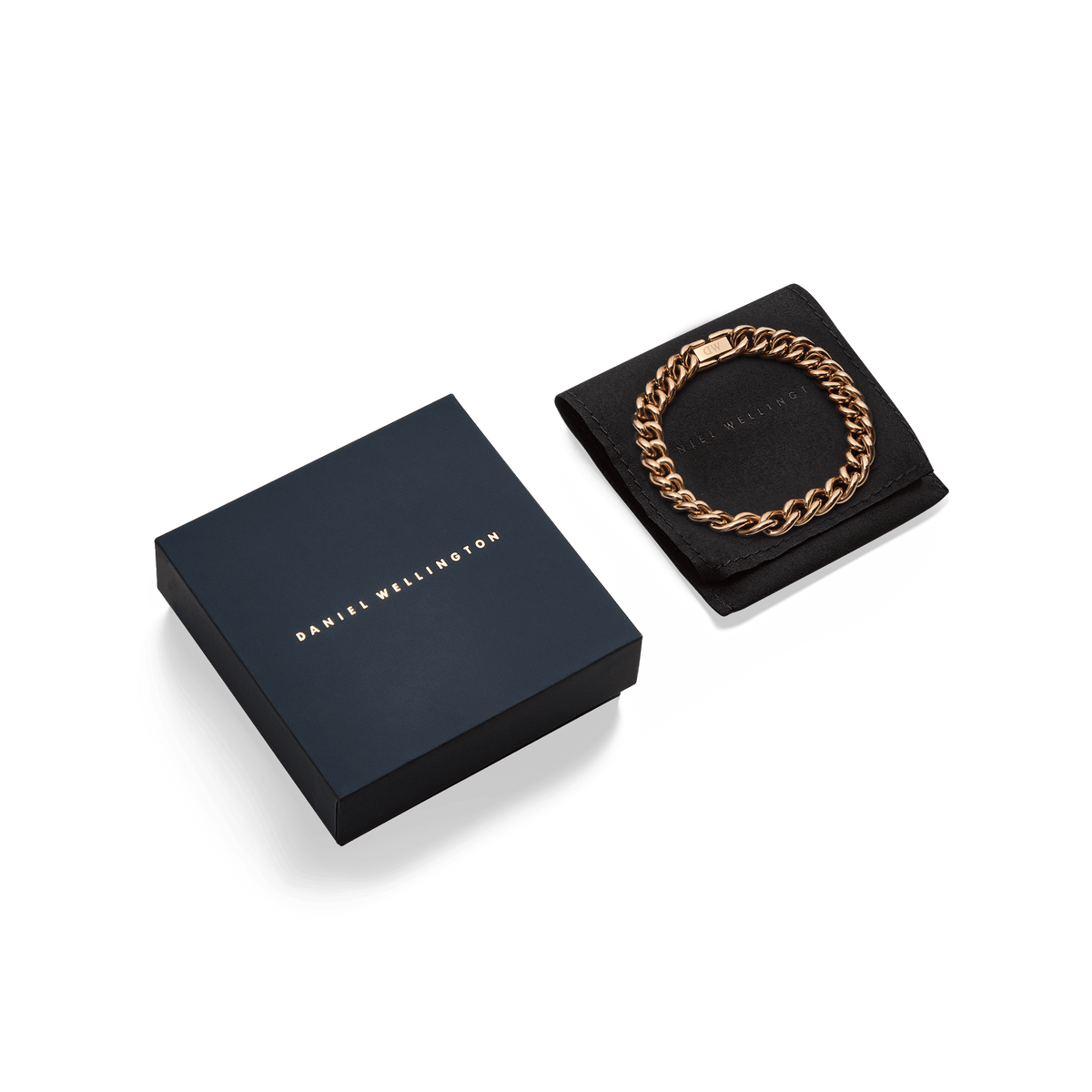 Chunky Chain Bracelet Rose Gold displayed on a black pouch next to a navy Daniel Wellington gift box, highlighting its elegant presentation for gifting.