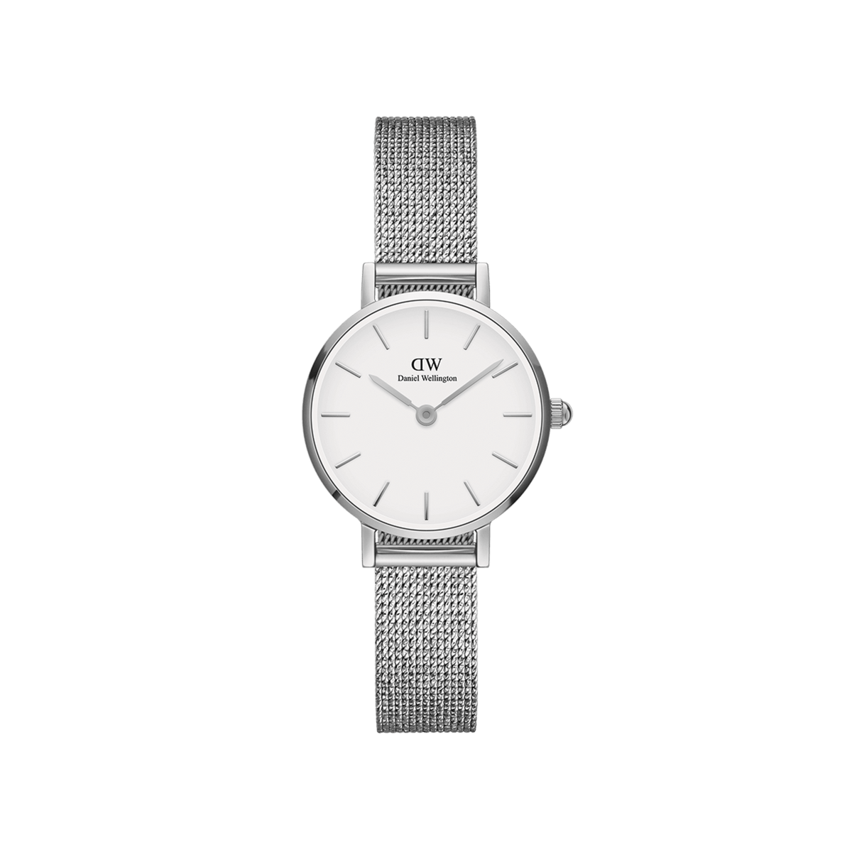 Petite Pressed Sterling ladies watch featuring a slim stainless steel mesh strap, minimalist white dial, and petite 24mm case, ideal for everyday wear and elegant styling.