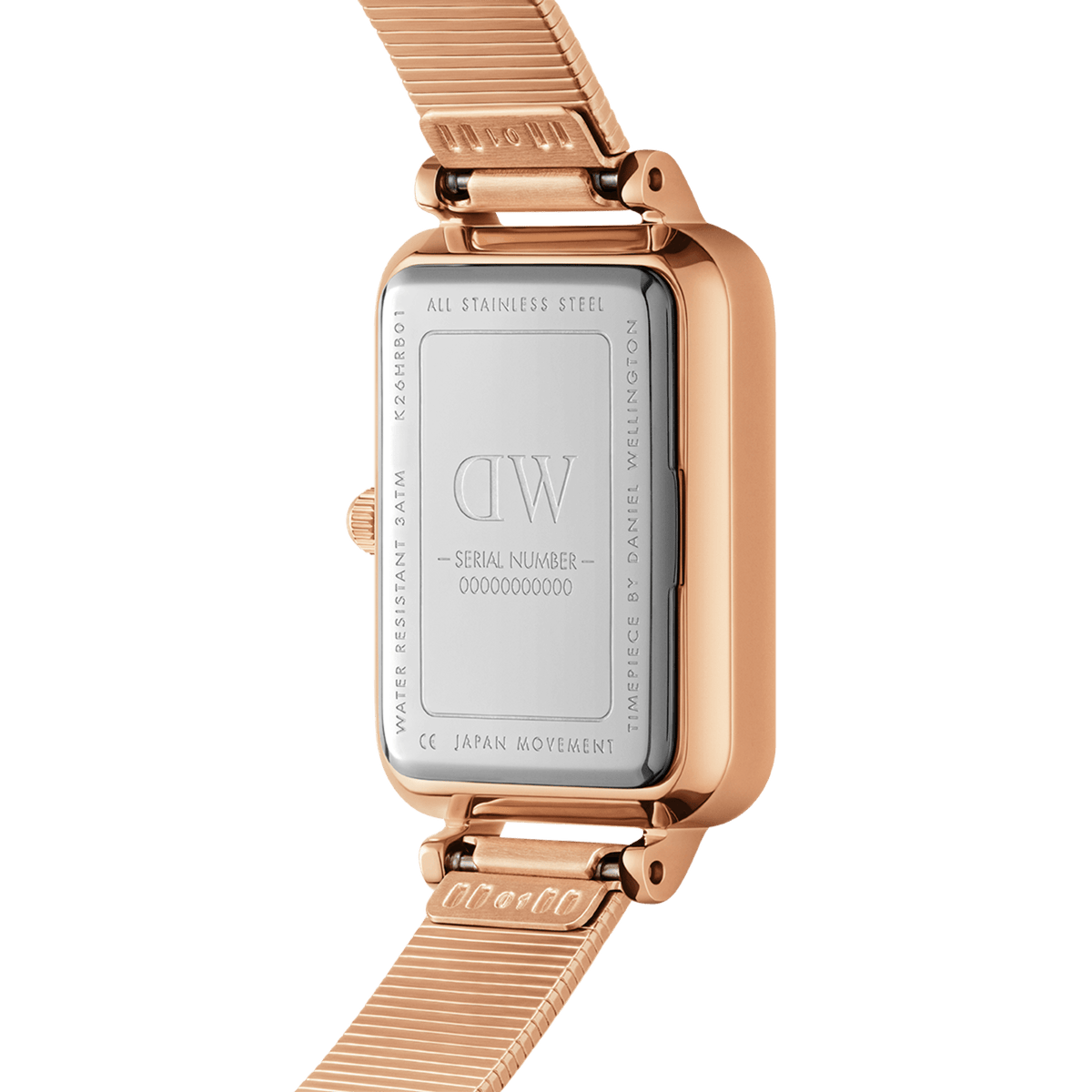 The back view of the Quadro Lumine Pressed Piano White MoP Rose Gold watch shows its stainless steel case, rose gold finish, and engraved details, including water resistance and Japanese movement.