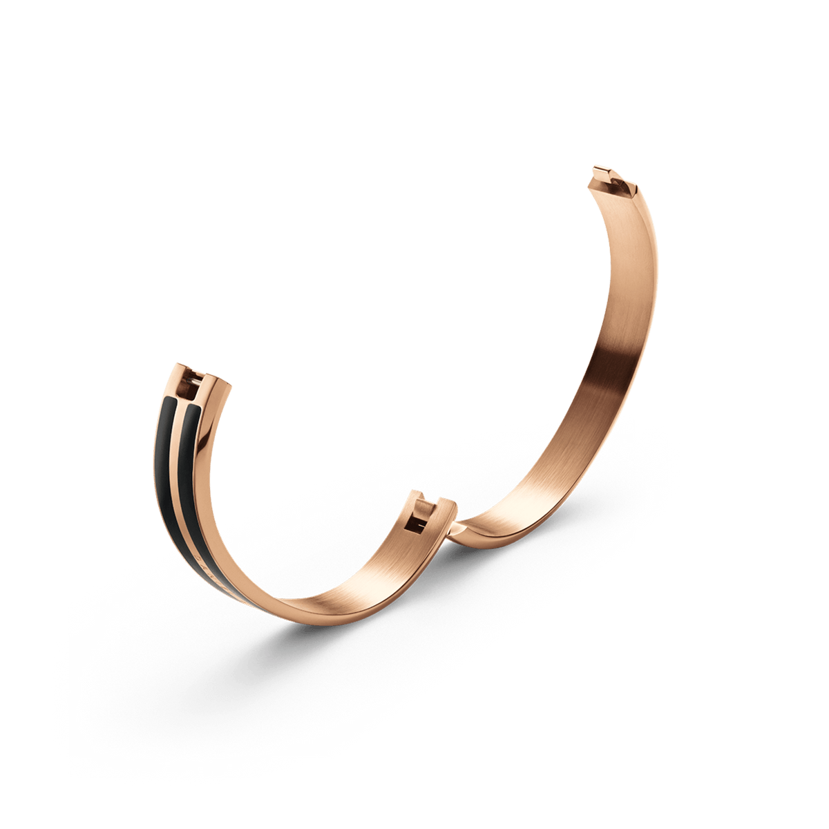 Emalie Infinite Rose Gold Black bracelet shown open, highlighting the concealed closing system and the smooth rose gold and black enamel finish.