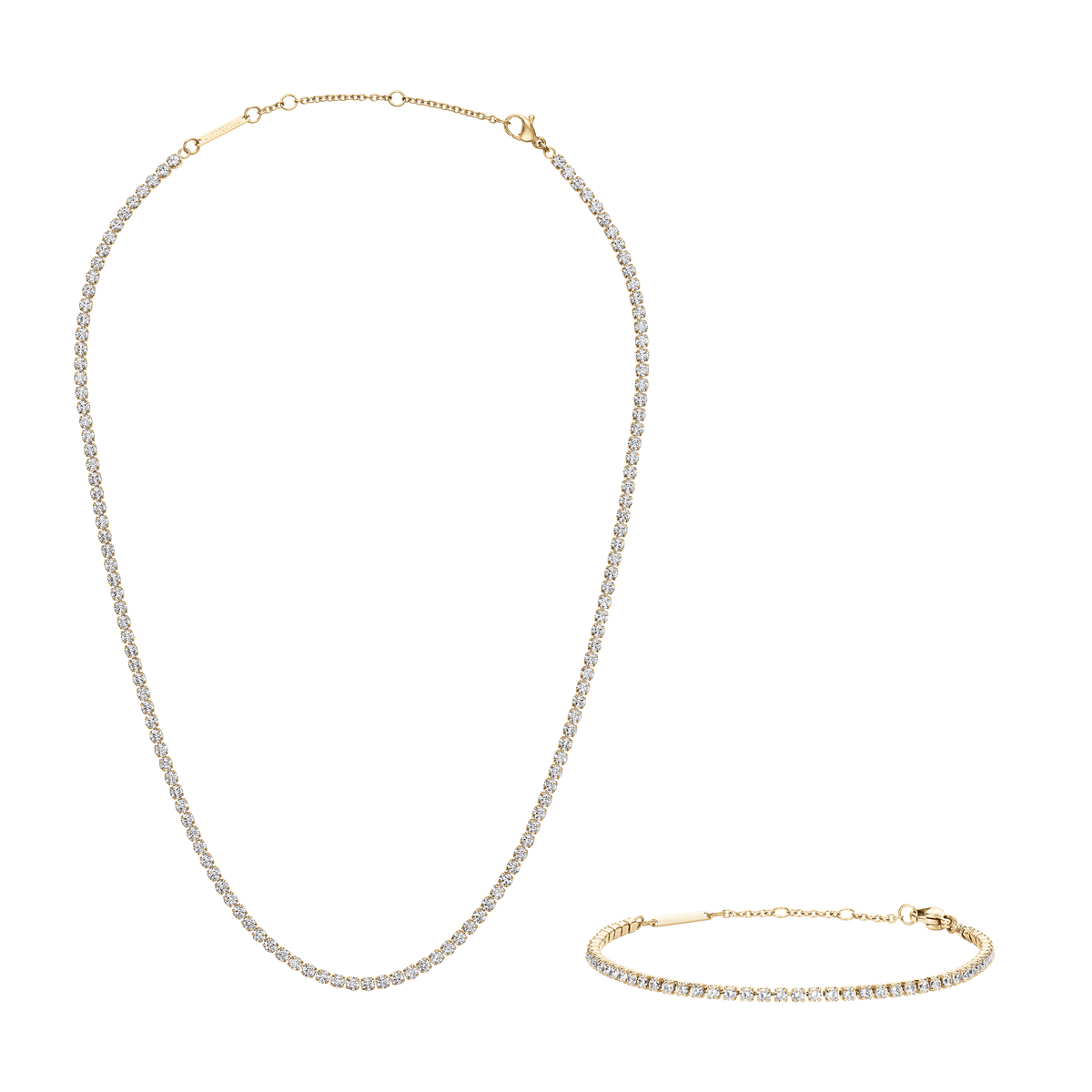 Polished gold tennis necklace and matching tennis bracelet, each featuring a row of sparkling stones and secure clasps, displayed against a plain background.