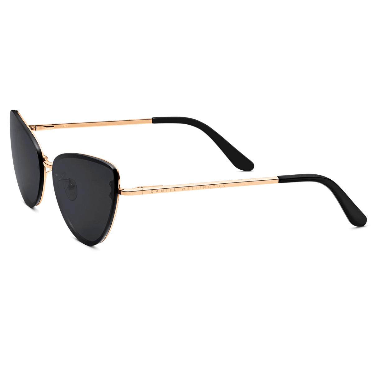 Lynx Steel Black sunglasses with a rose gold plated stainless steel frame, black cat eye lenses, and sleek black temple tips, offering a modern and elegant look for women.