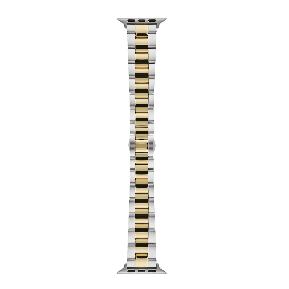 Smartwatch Iconic Link two-tone strap for Apple Watch, featuring polished gold centre links and brushed silver outer links in a classic 3-link design, crafted from stainless steel with a butterfly buckle closure.