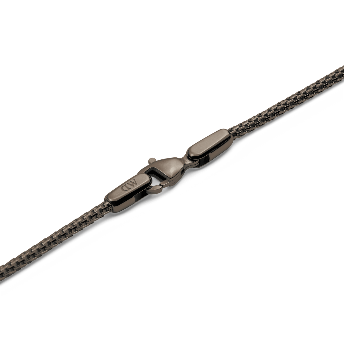 Detail of the Tide Mesh Necklace Graphite 1.8 showing the graphite mesh chain and secure lobster clasp with a polished finish.