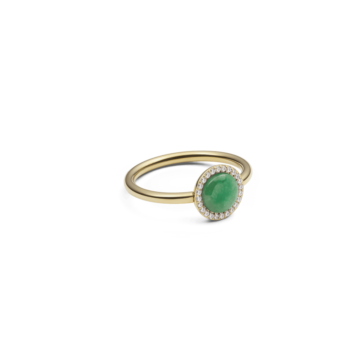 Audrey Ring Jade Gold with a polished gold band, featuring a domed green jade centre surrounded by sparkling white cubic zirconia in a modern, elegant setting.