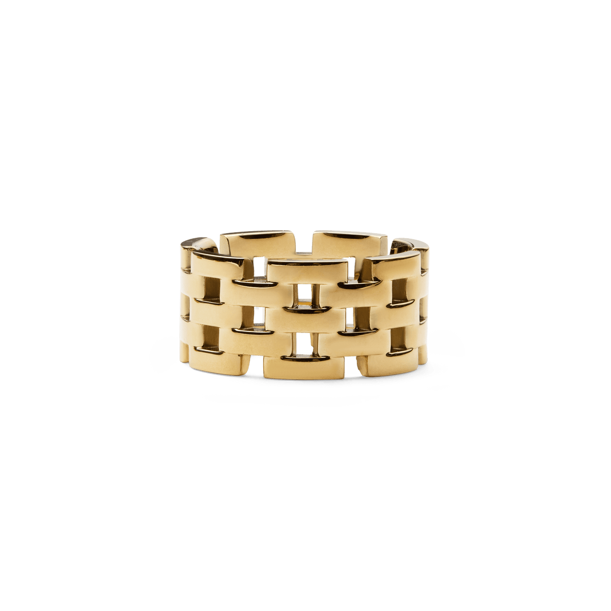 5-Link Ring Gold featuring a wide band, polished gold finish, and distinctive geometric open link design, ideal for making a statement.