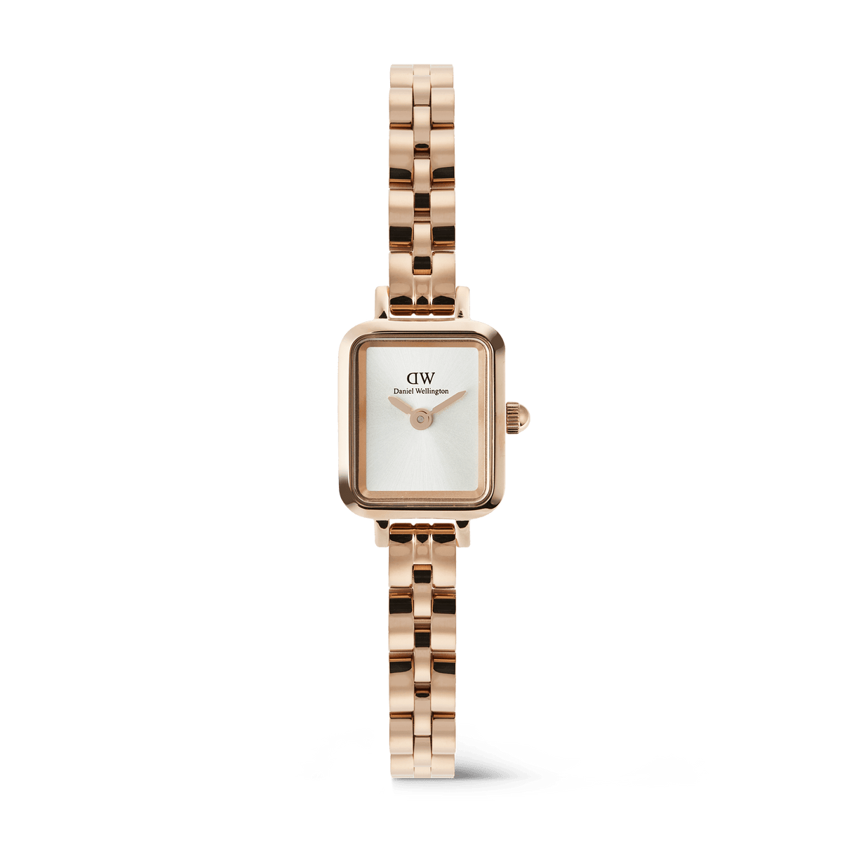 Quadro Mini Arch 3-link White Sunray Rose Gold ladies watch featuring a petite rectangular case, minimalist white sunray dial, and a polished rose gold three-link bracelet.