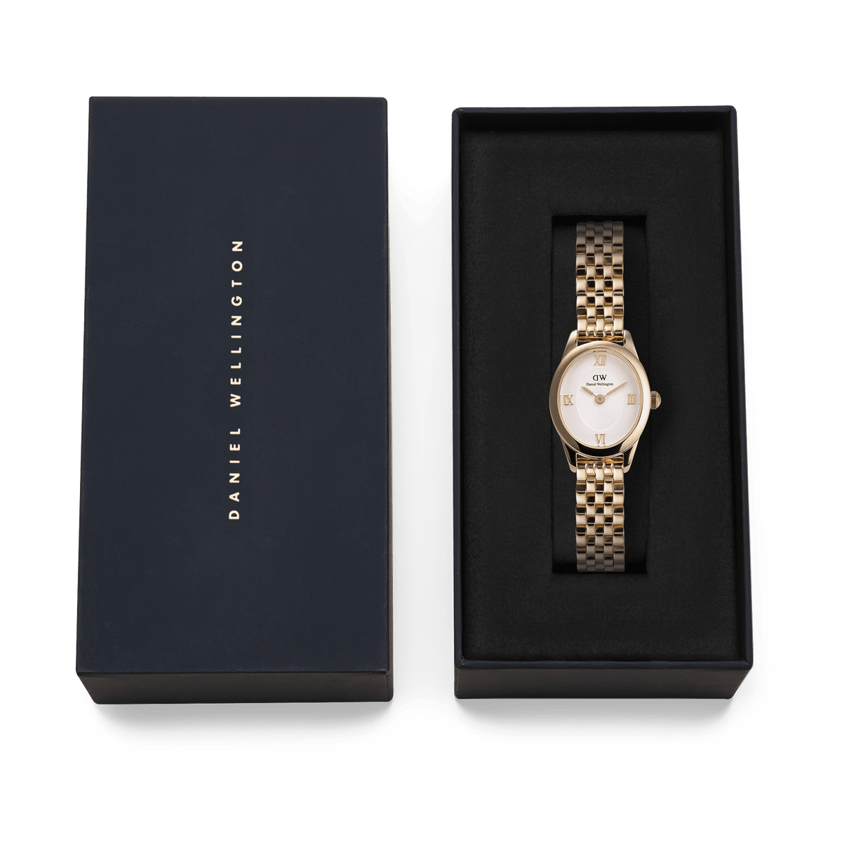 Ophelia Mini Gold women’s watch with a gold oval case and polished link bracelet, presented in a branded Daniel Wellington gift box, ideal for gifting or special occasions.