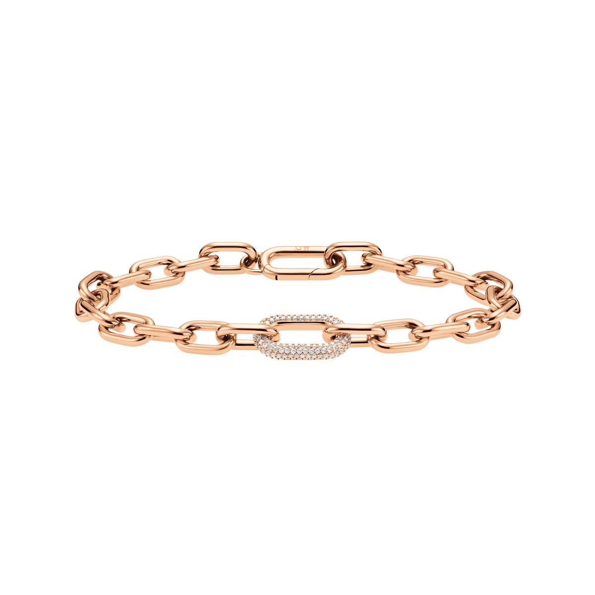 Crystal Link Bracelet Rose Gold featuring chunky rose gold chain links and a crystal-embellished link, designed for a modern, expressive look with adjustable sizing.