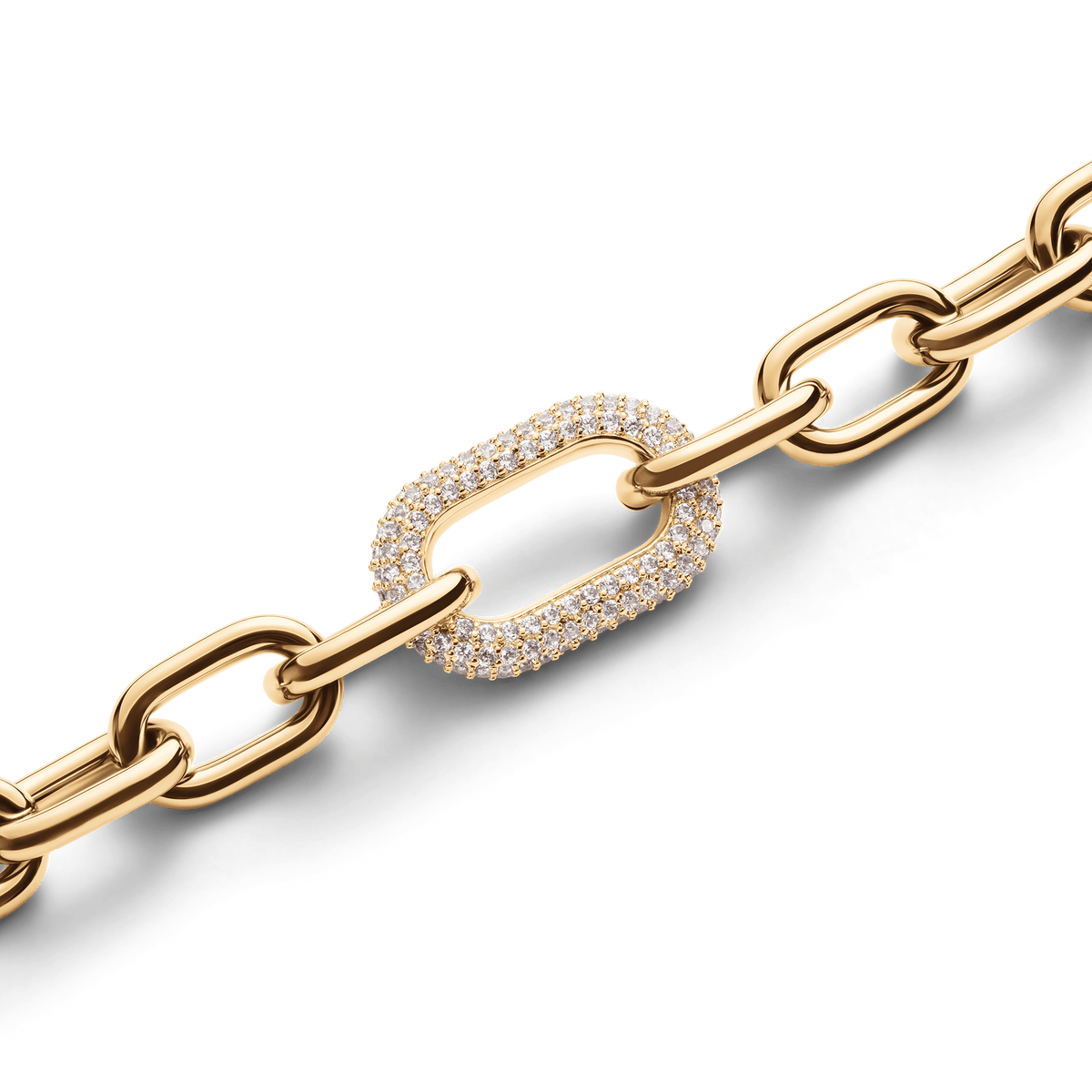 Close-up of the Crystal Link Bracelet Gold showing chunky gold-plated links and a pavé crystal-embellished ring, highlighting the refined detail and shimmering finish.