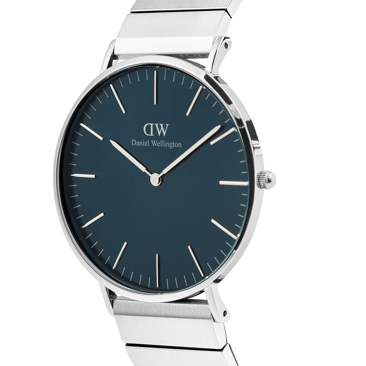 Classic Piano Link Arctic Silver watch with a brushed arctic blue dial, slim silver case, and geometric stainless steel piano link strap, shown from a side angle to highlight its minimalist design and polished finish.