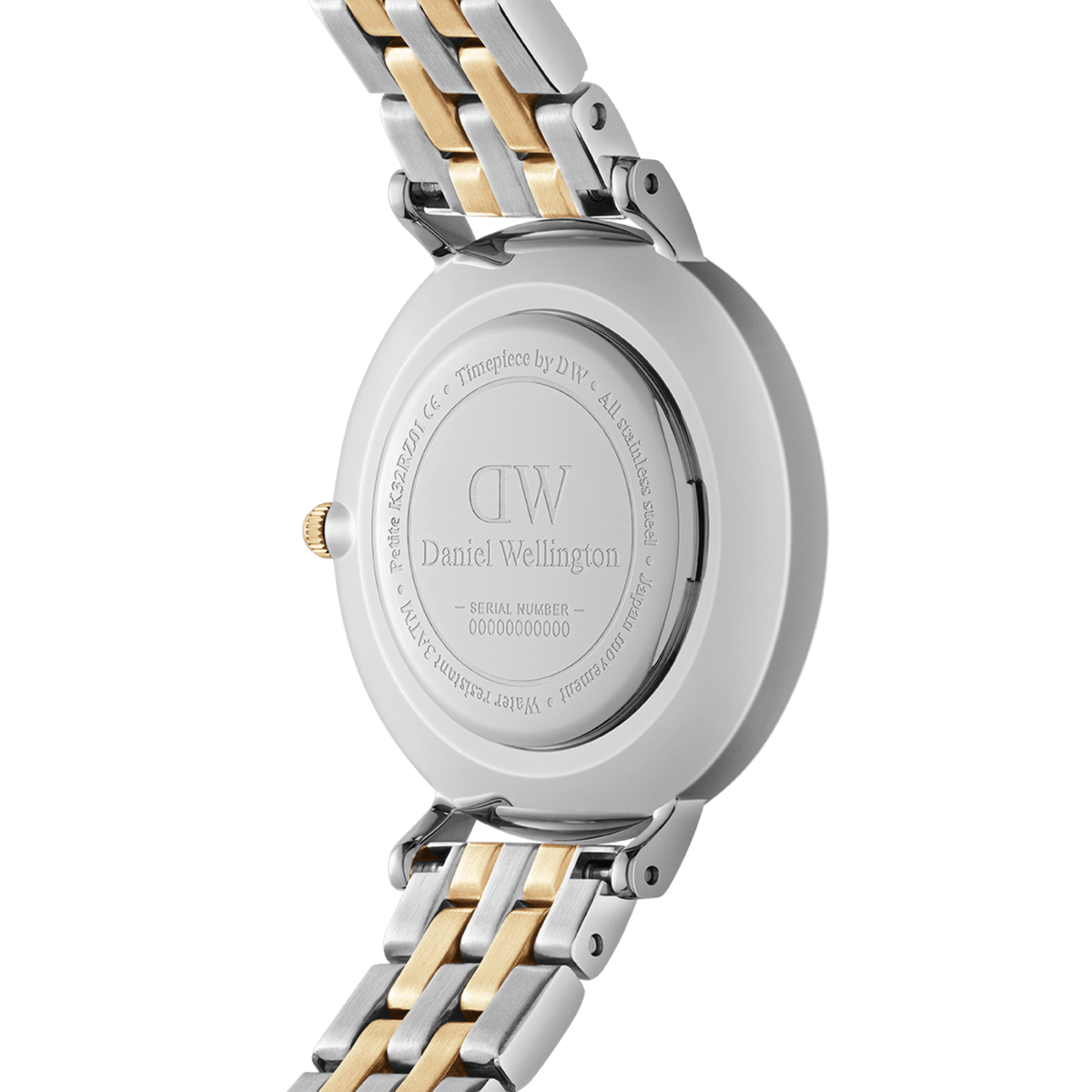 Close-up of the back of the Petite Lumine Bezel 5-Link Two-Tone MOP Silver ladies watch, showing the engraved case and the gold and silver stainless steel bracelet.