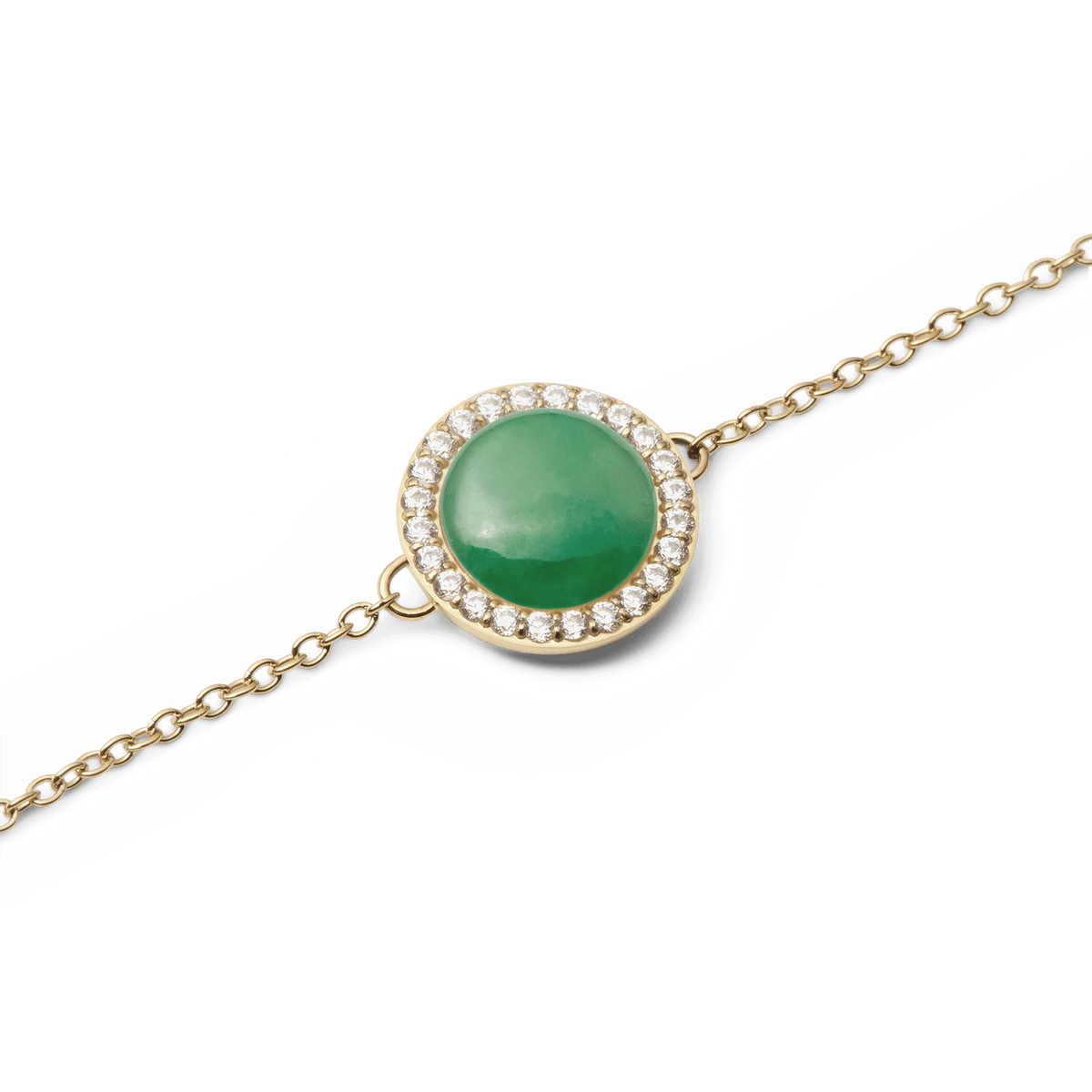 Close-up of the Audrey Bracelet Jade Gold, showcasing a domed green jade centrepiece encircled by sparkling cubic zirconia on a fine gold chain.
