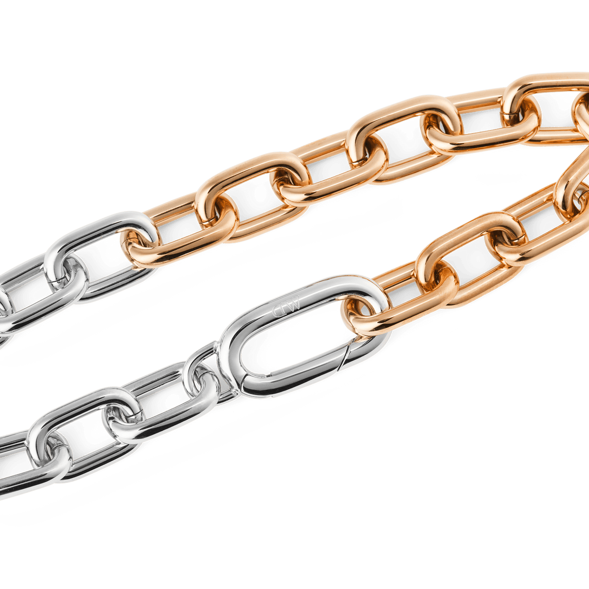 Close-up of the Contrast Link Bracelet Two Tone Rose Gold showing the geometric squared links with polished silver and rose gold finishes, highlighting the crisp contrast and smooth, high quality stainless steel.