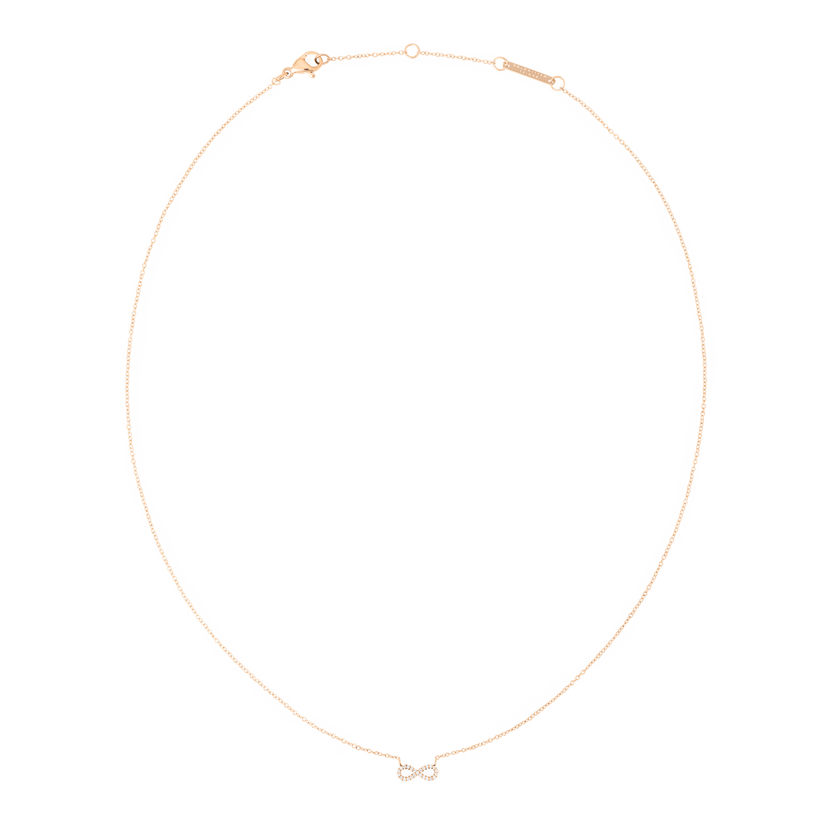 Delicate rose gold necklace featuring a fine chain and a small infinity pendant set with sparkling white cubic zirconia, designed for a minimalist and elegant look.
