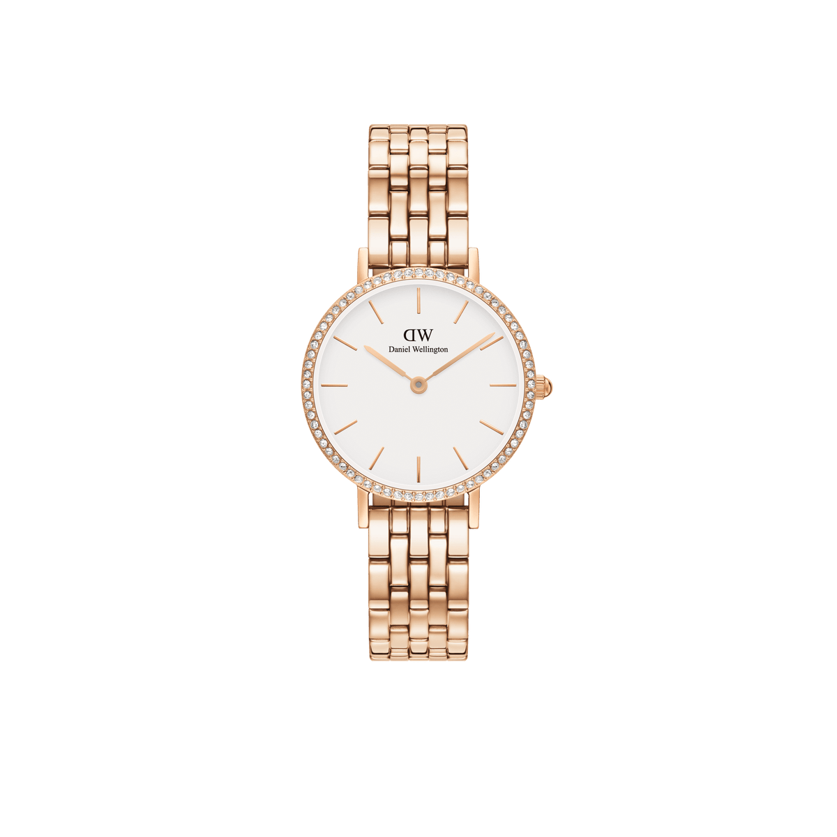 Petite Lumine Bezel 5-Link Melrose ladies watch featuring a rose gold 5-link bracelet, crisp white dial, and a sparkling gemstone bezel, designed for everyday elegance and comfortable wear.