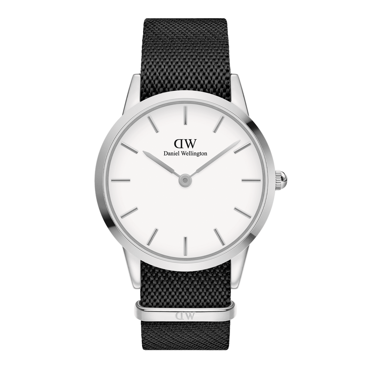 Classic Daniel Wellington Iconic Black NATO White Dial watch featuring a minimalist white dial, silver stainless steel case, and adjustable black NATO strap made from recycled nylon.