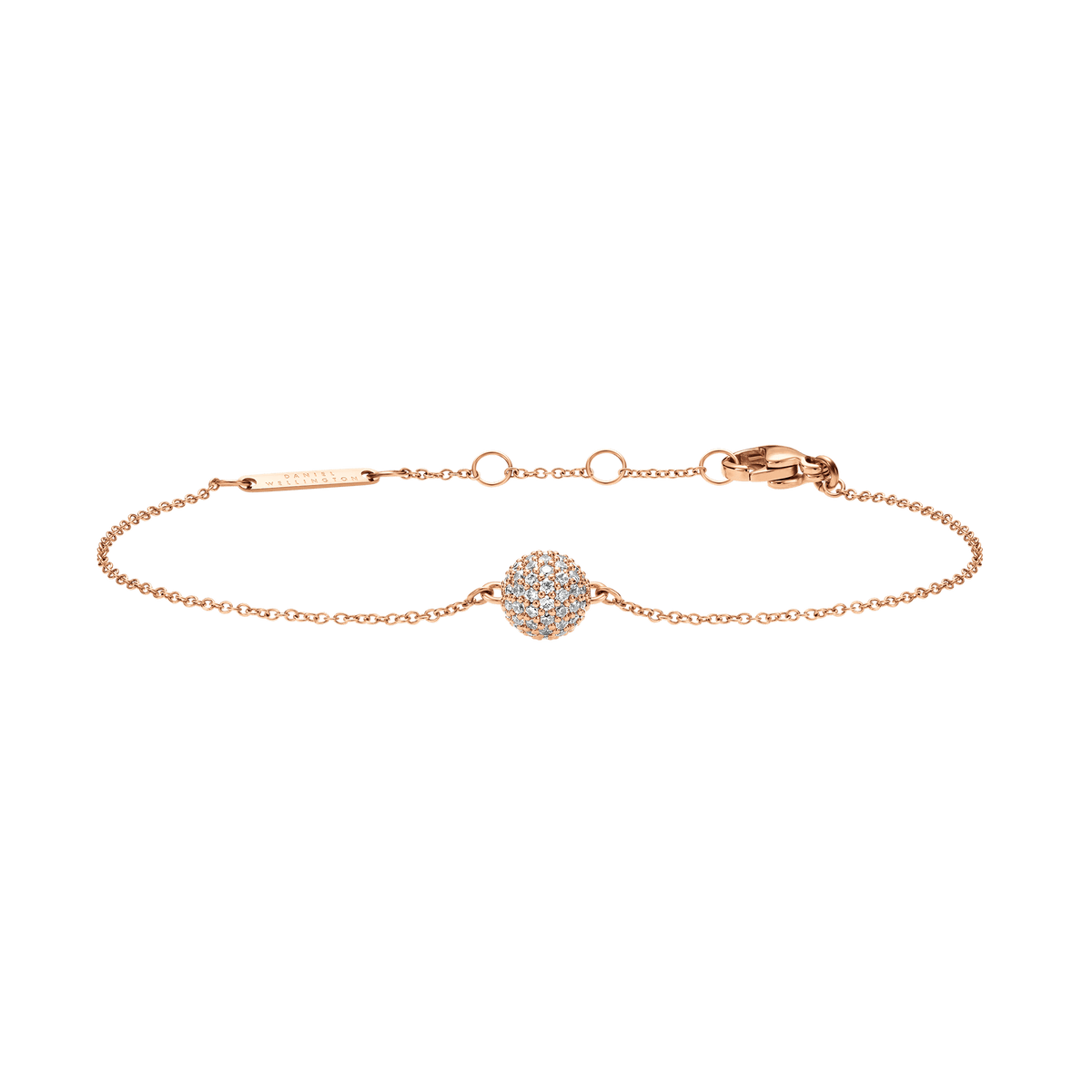 Rose gold Pavé Crystal Pendant Bracelet featuring a delicate chain and a fixed pavé ball pendant set with sparkling cubic zirconia crystals, adjustable for a comfortable fit.