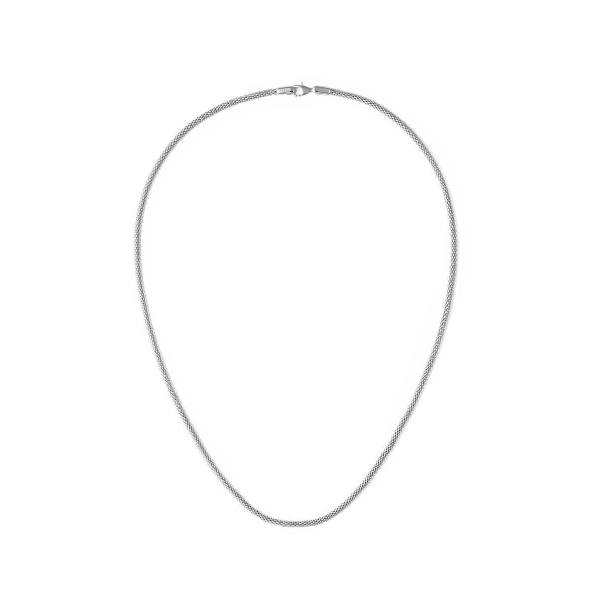 Polished silver mesh chain necklace with a substantial width and clean lines, featuring a secure lobster clasp and a modern, minimal design suitable for both men and women.